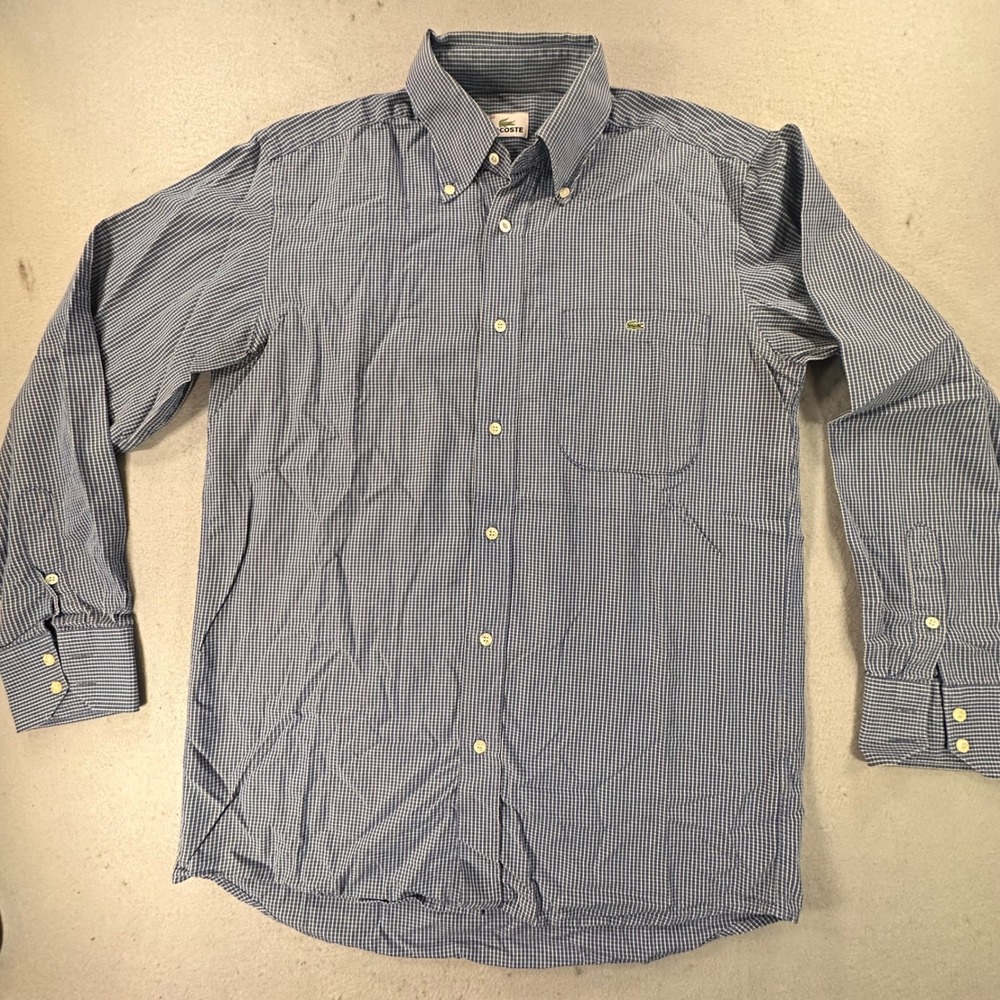 Lacoste Mens Blue White Micro Check Button Down Shirt Size 39 Long Sleeve